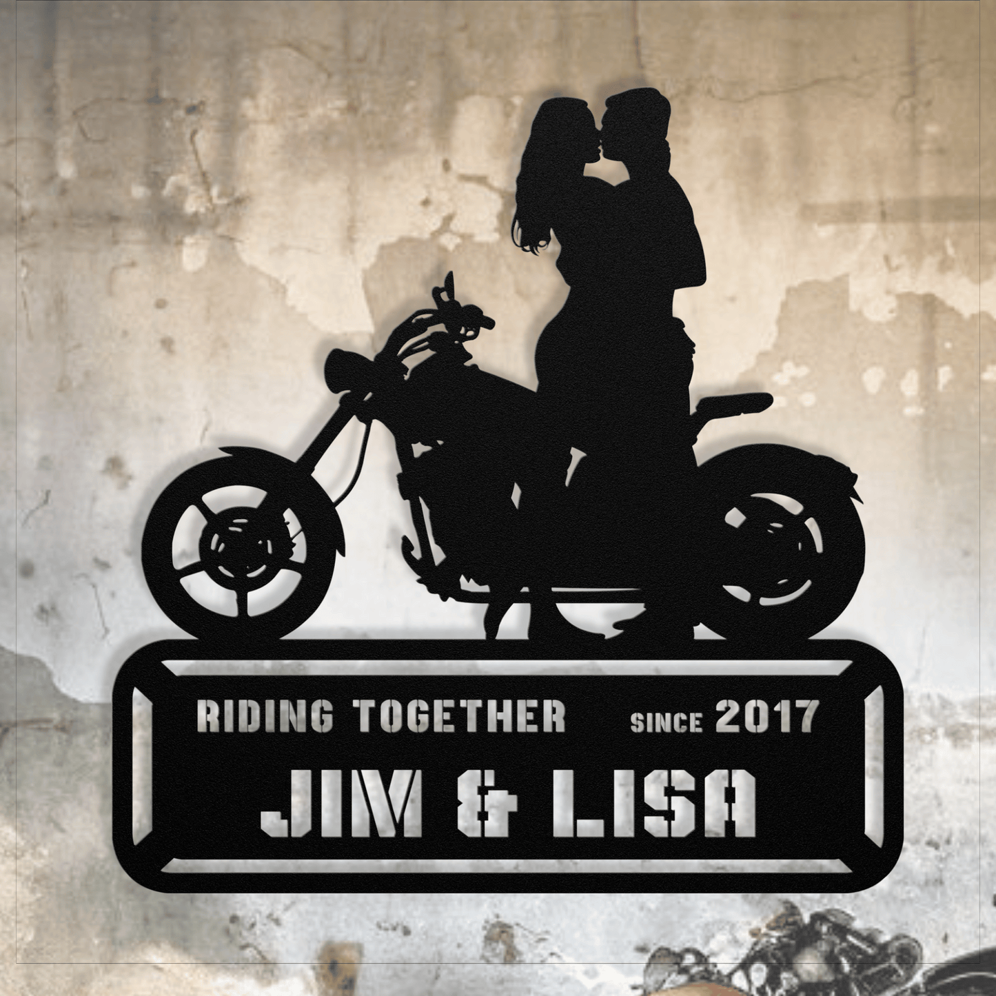 Personalized - Kissing Couple next to Bike Metal Wall Art