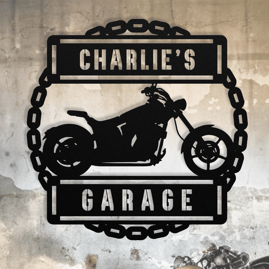 Personalized - Chopper Garage with Chain Metal Wall Art